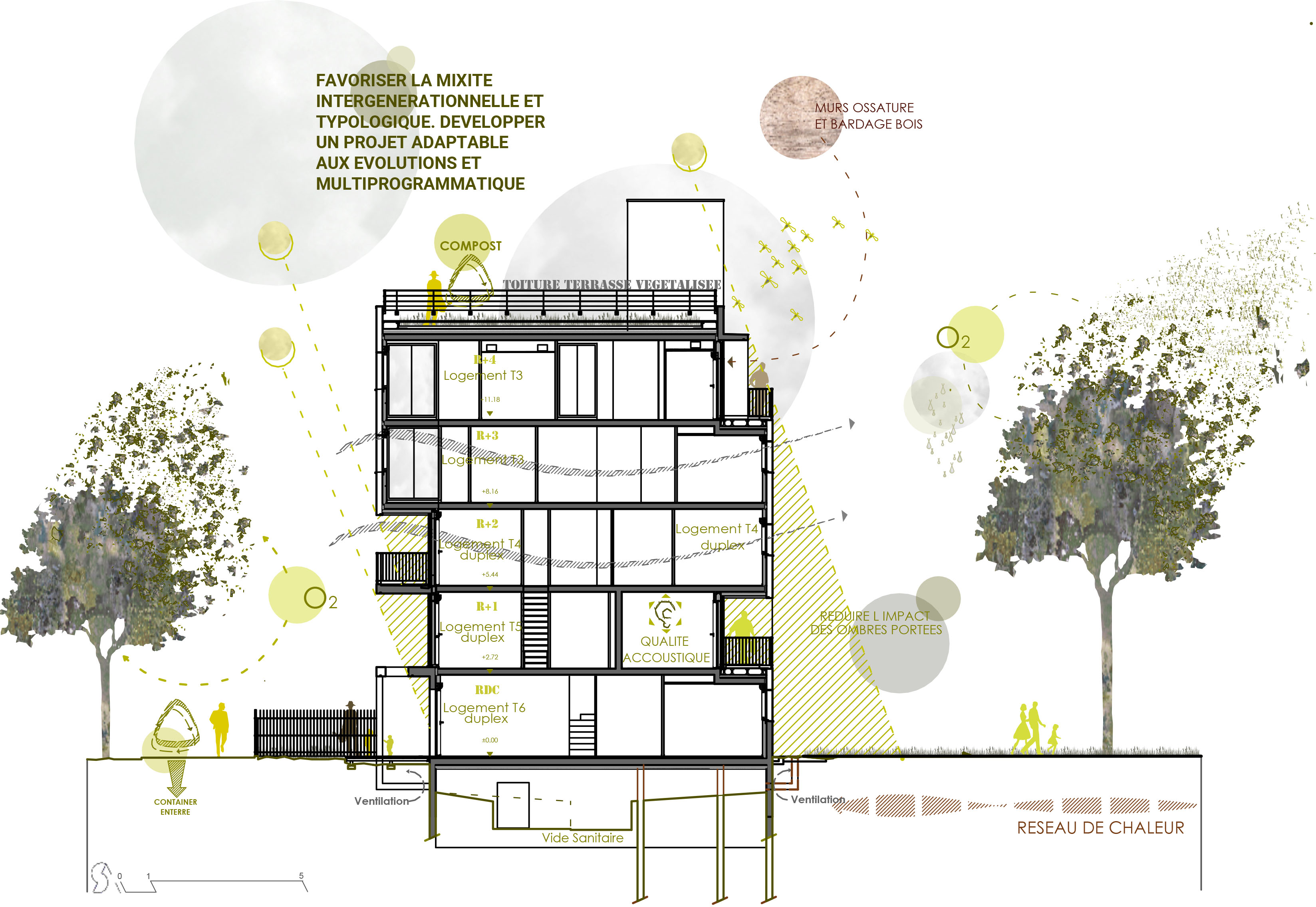 Coupe bioclimatique de l'immeuble de logements coopératifs Abricoop à Toulouse, quartier La Cartoucherie